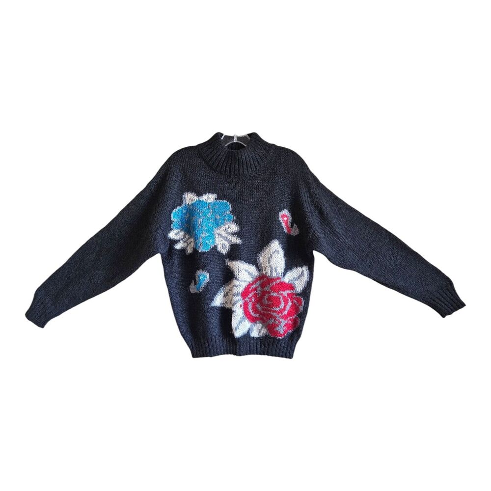 RRRR RUSS TOGS Women's L Sweater Charcoal Large Flowers Mohair Blend 90s  44"